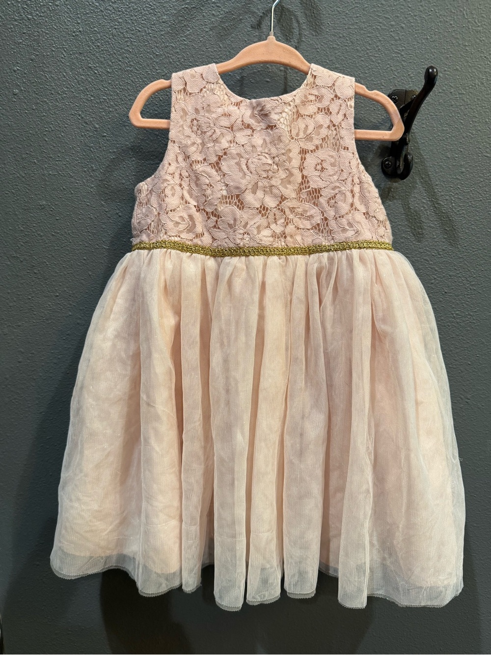 Sleeveless Pink Lace & Tulle Girls' Party Dress with Gold Waist Accent